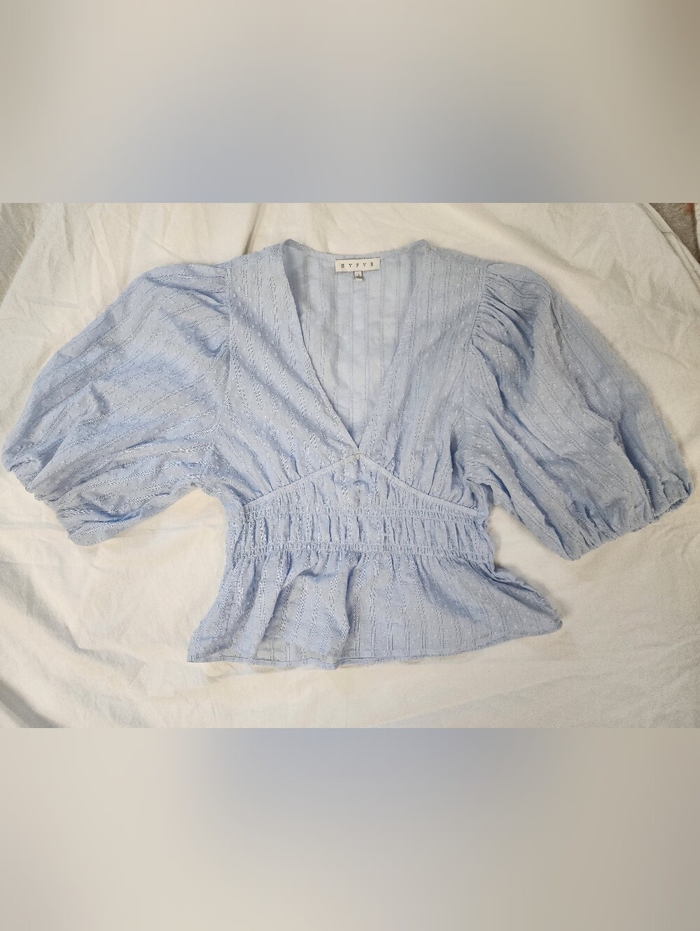 HYFVE - Buckle - Baby Blue V-Neck Smocked Peplum Blouse - Size Large